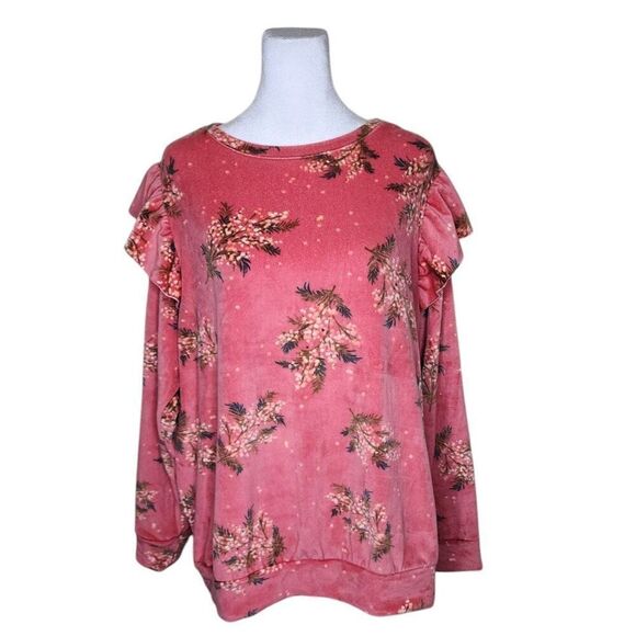 LC Lauren Conrad Fleece Sweatshirt Ruffle Floral Puff Sleeves Womens 1X Pink - Picture 1 of 8